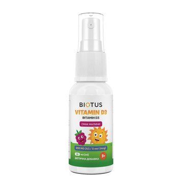 Вітамін D3, Vitamin D3, Biotus, спрей для дітей, смак малини, 200 МО/5 мкг, 30 мл BIO-532122 фото