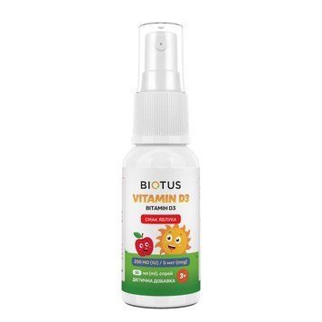Вітамін D3, Vitamin D3, Biotus, спрей для дітей, смак яблука, 200 МО/5 мкг, 30 мл BIO-532115 фото