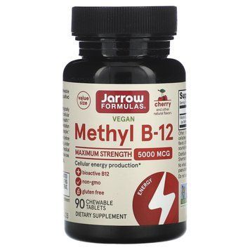 Вітамін B-12 метилкобаламін, Methyl B-12, Jarrow Formula, смак вишні, 5000 мкг, 90 жувальних таблеток JRW-18028 фото